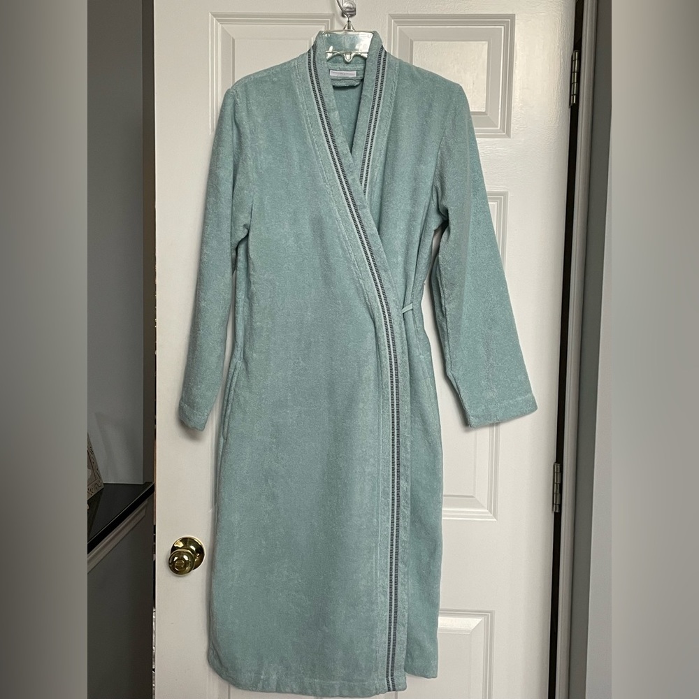 Vintage Hammacher Schlemmer Turkish Cotton Bath Robe Womens Small Seagoam Green